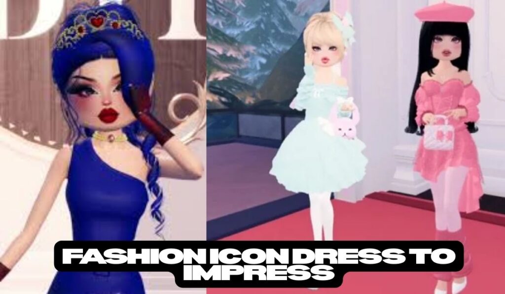 A black and white graphic design featuring the stylized text "FASHION ICON" above "DRESS TO IMPRESS" in a bold, modern typeface. Fashion Icon Dress to Impress.