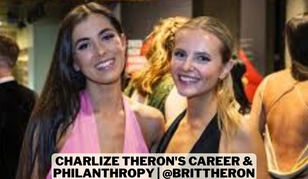 Charlize Theron, a blonde actress in a glamorous gold dress, smiles confidently. The text beside her reads 'Charlize Theron's Career & Philanthropy | @brittheron'.