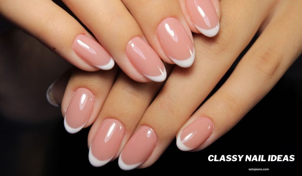 A curated collage of classy nail ideas, featuring modern French manicures, glossy nude nails, a minimalist gold foil accent, and a deep burgundy matte finish, presented on a clean, neutral background.
