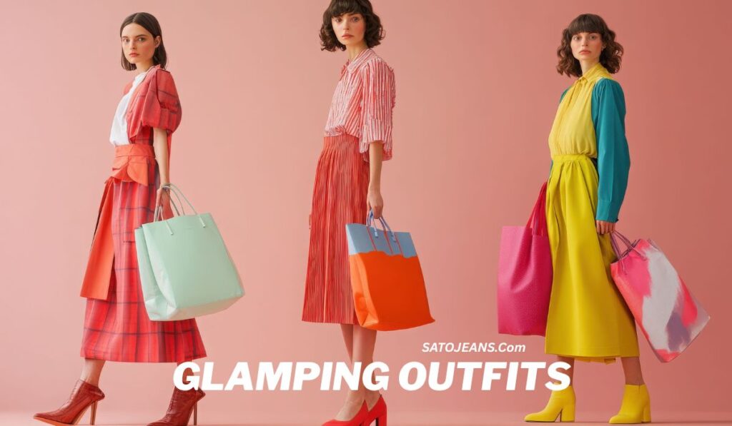 “Three women showcasing the latest glamping outfits by SatoJeans, featuring colorful skirts, bold tops, oversized tote bags, and statement footwear against a pastel pink backdrop.”